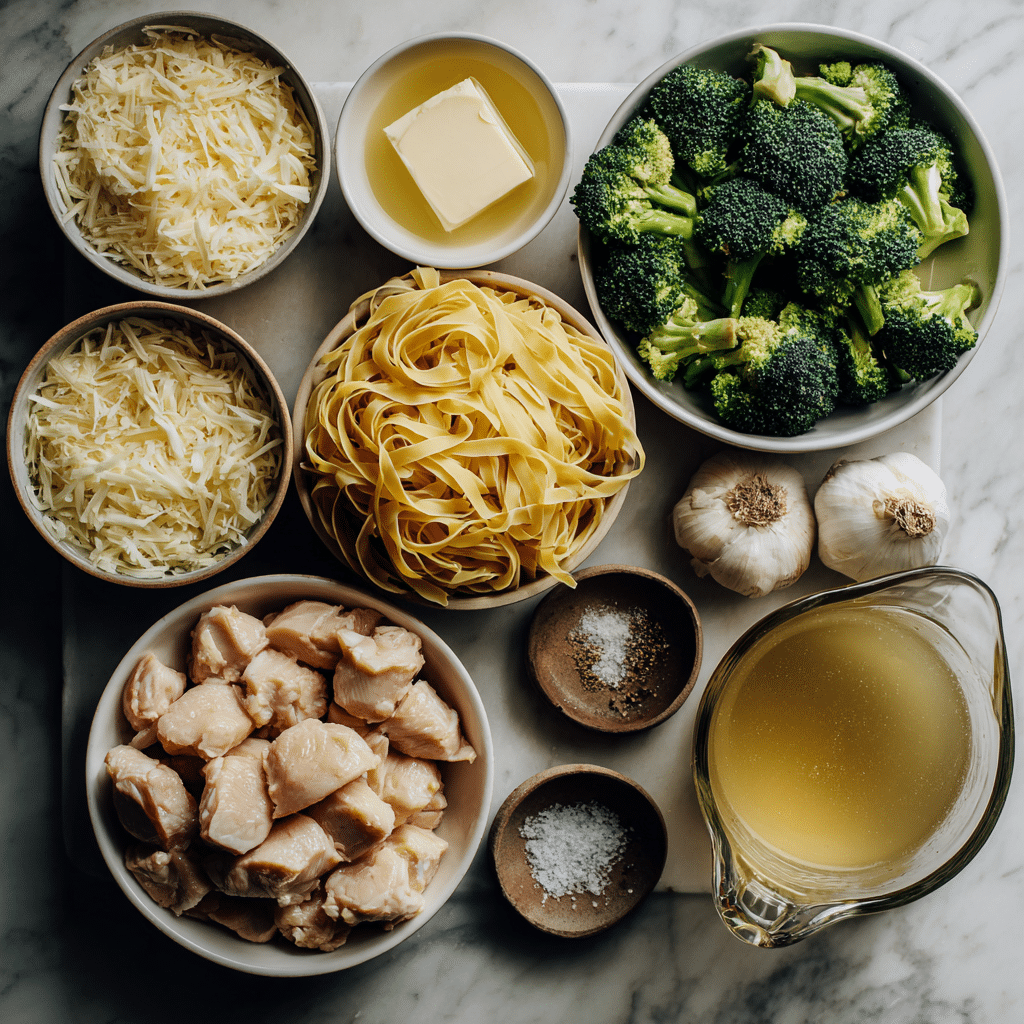 One-Pot Chicken Alfredo with Broccoli – Easy Recipe for Busy Nights 7 Ingredients for One-Pot Chicken Alfredo with Broccoli arranged on a marble surface
